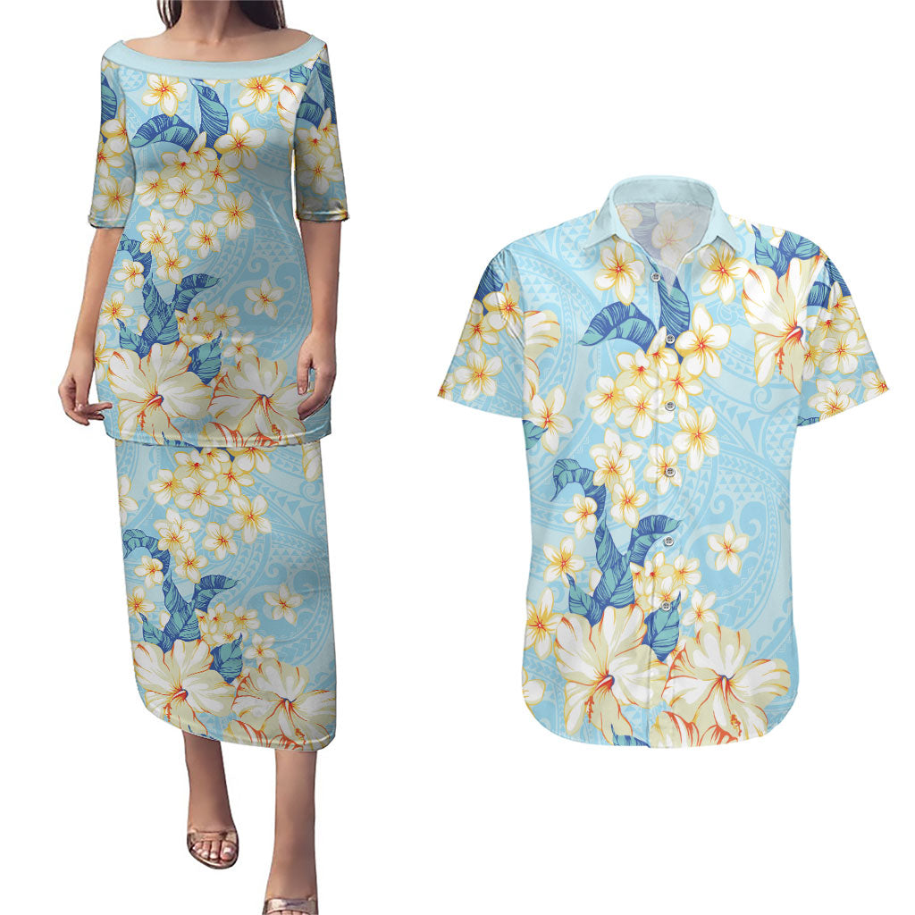 Hawaii Hibiscus Plumeria Blue Couples Matching Puletasi and Hawaiian Shirt Polynesian Pattern