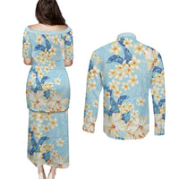 Hawaii Hibiscus Plumeria Blue Couples Matching Puletasi and Long Sleeve Button Shirt Polynesian Pattern