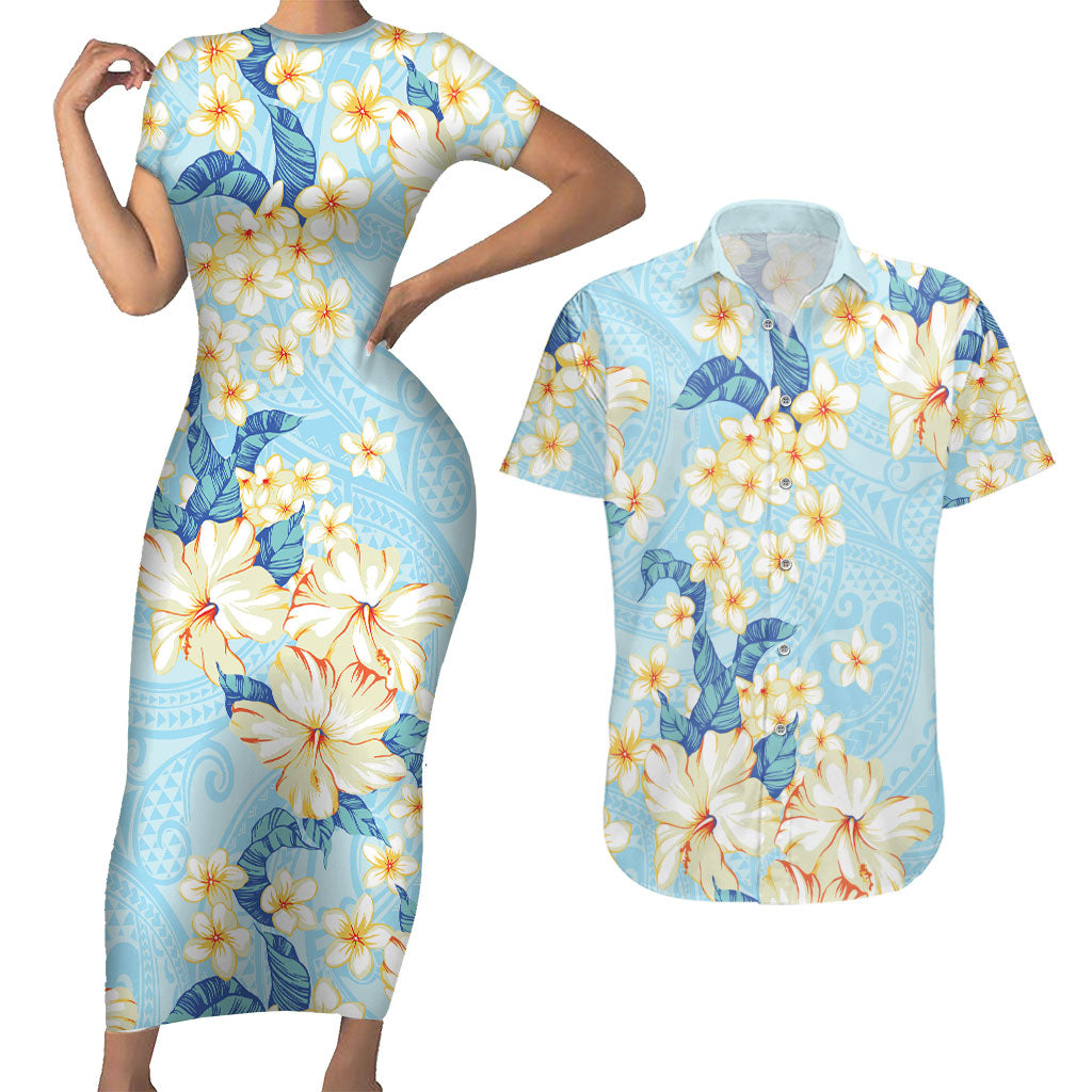 Hawaii Hibiscus Plumeria Blue Couples Matching Short Sleeve Bodycon Dress and Hawaiian Shirt Polynesian Pattern