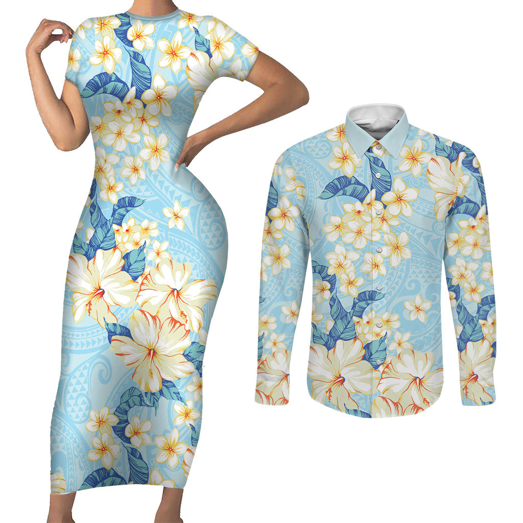 Hawaii Hibiscus Plumeria Blue Couples Matching Short Sleeve Bodycon Dress and Long Sleeve Button Shirt Polynesian Pattern LT01 Blue - Polynesian Pride