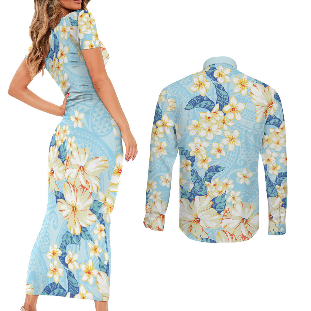 Hawaii Hibiscus Plumeria Blue Couples Matching Short Sleeve Bodycon Dress and Long Sleeve Button Shirt Polynesian Pattern LT01 - Polynesian Pride