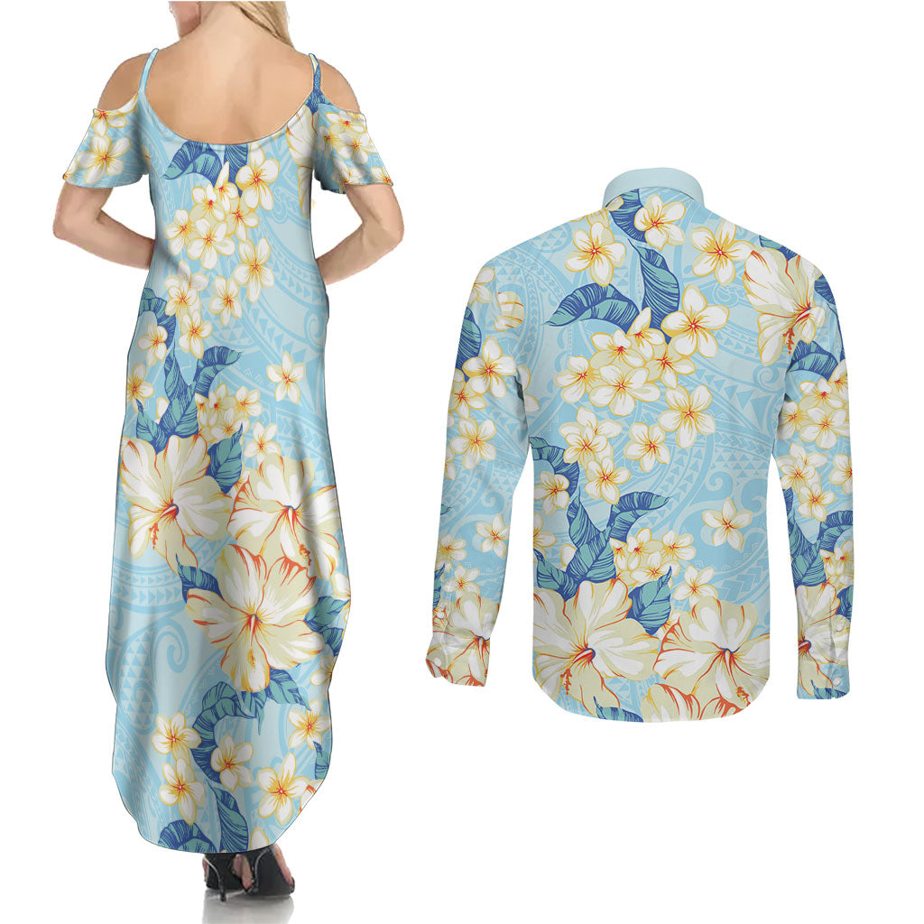 Hawaii Hibiscus Plumeria Blue Couples Matching Summer Maxi Dress and Long Sleeve Button Shirt Polynesian Pattern