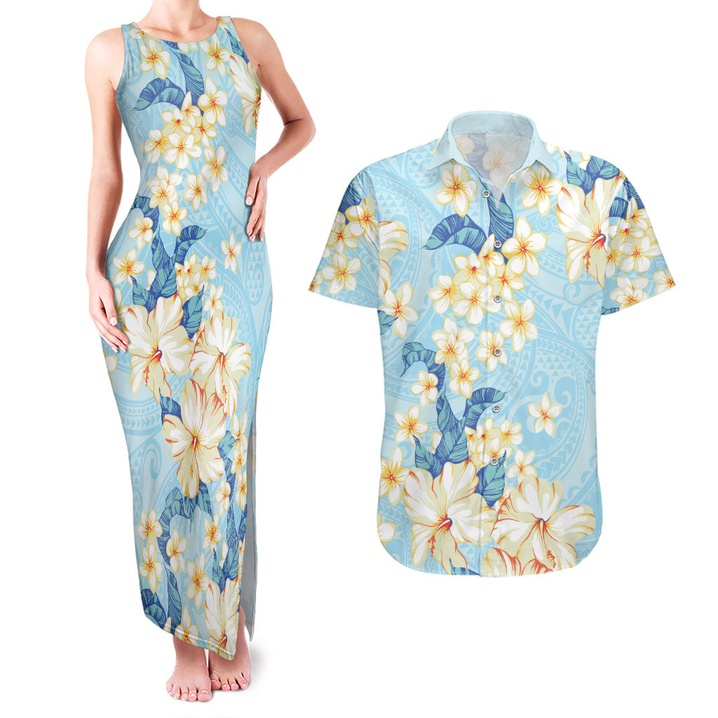 Hawaii Hibiscus Plumeria Blue Couples Matching Tank Maxi Dress and Hawaiian Shirt Polynesian Pattern