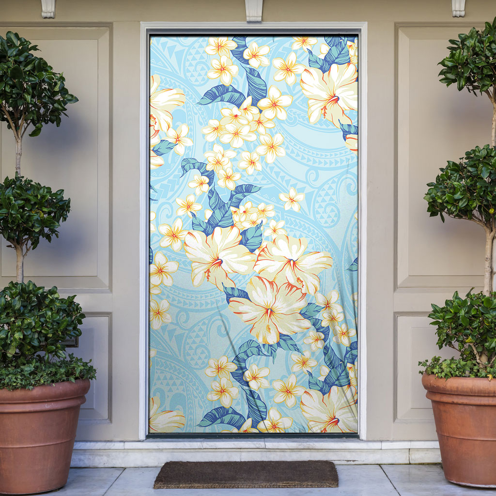 Hawaii Hibiscus Plumeria Blue Door Cover Polynesian Pattern