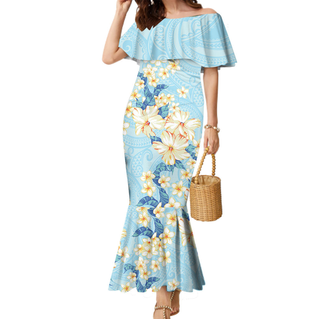 Hawaii Hibiscus Plumeria Blue Family Matching Mermaid Dress and Hawaiian Shirt Polynesian Pattern