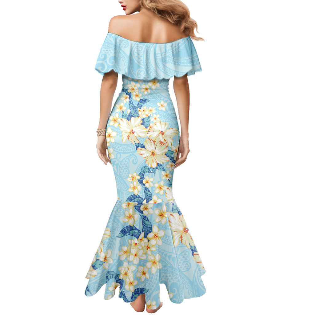 Hawaii Hibiscus Plumeria Blue Family Matching Mermaid Dress and Hawaiian Shirt Polynesian Pattern