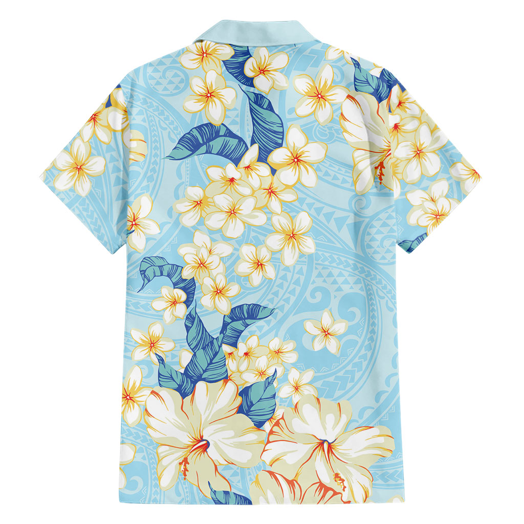 Hawaii Hibiscus Plumeria Blue Family Matching Off The Shoulder Long Sleeve Dress and Hawaiian Shirt Polynesian Pattern