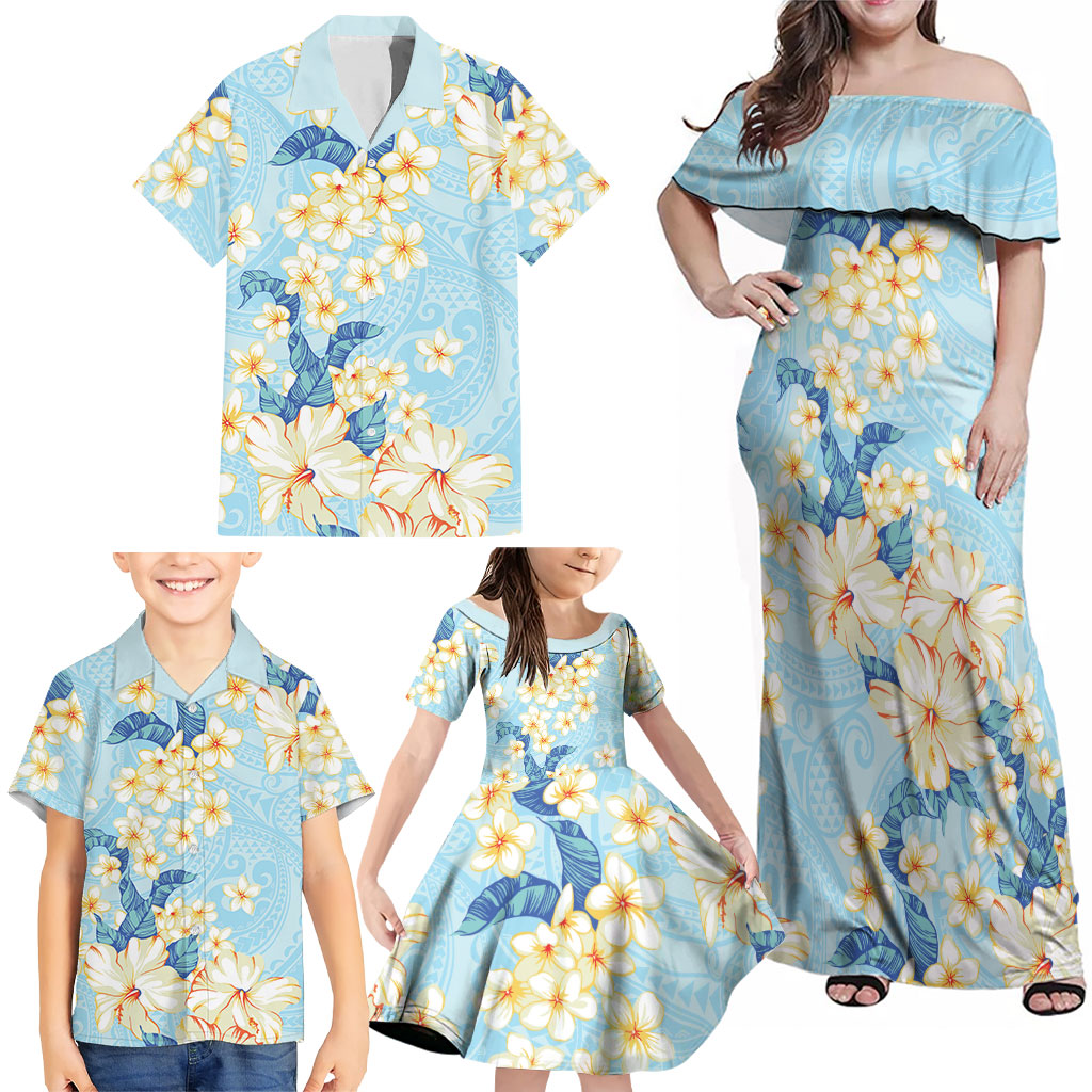 Hawaii Hibiscus Plumeria Blue Family Matching Off Shoulder Maxi Dress and Hawaiian Shirt Polynesian Pattern