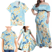 Hawaii Hibiscus Plumeria Blue Family Matching Off Shoulder Maxi Dress and Hawaiian Shirt Polynesian Pattern