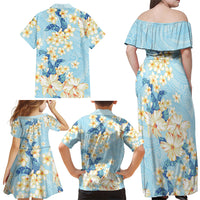 Hawaii Hibiscus Plumeria Blue Family Matching Off Shoulder Maxi Dress and Hawaiian Shirt Polynesian Pattern