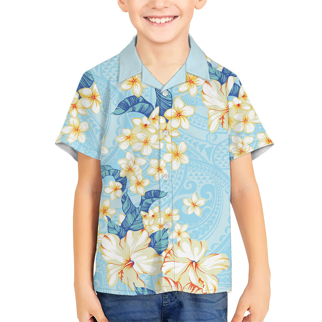 Hawaii Hibiscus Plumeria Blue Family Matching Off Shoulder Maxi Dress and Hawaiian Shirt Polynesian Pattern
