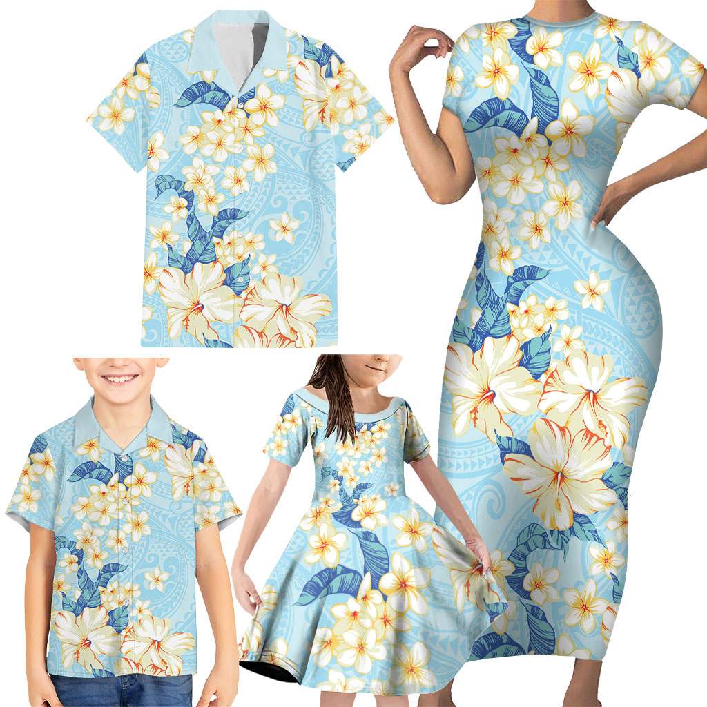 Hawaii Hibiscus Plumeria Blue Family Matching Short Sleeve Bodycon Dress and Hawaiian Shirt Polynesian Pattern