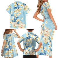 Hawaii Hibiscus Plumeria Blue Family Matching Short Sleeve Bodycon Dress and Hawaiian Shirt Polynesian Pattern