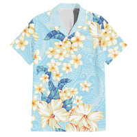 Hawaii Hibiscus Plumeria Blue Family Matching Short Sleeve Bodycon Dress and Hawaiian Shirt Polynesian Pattern