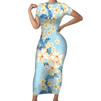 Hawaii Hibiscus Plumeria Blue Family Matching Short Sleeve Bodycon Dress and Hawaiian Shirt Polynesian Pattern