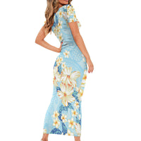 Hawaii Hibiscus Plumeria Blue Family Matching Short Sleeve Bodycon Dress and Hawaiian Shirt Polynesian Pattern
