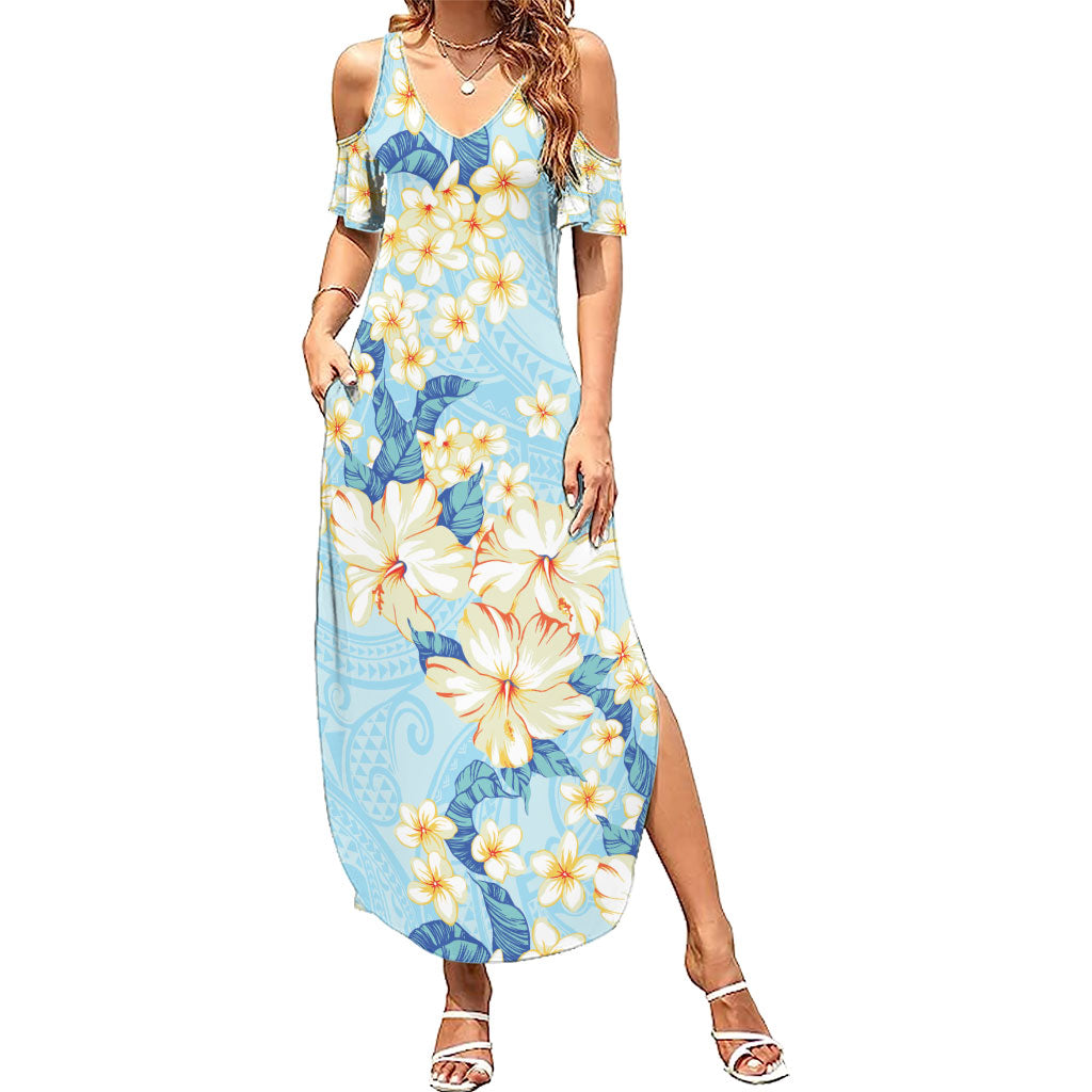 Hawaii Hibiscus Plumeria Blue Family Matching Summer Maxi Dress and Hawaiian Shirt Polynesian Pattern