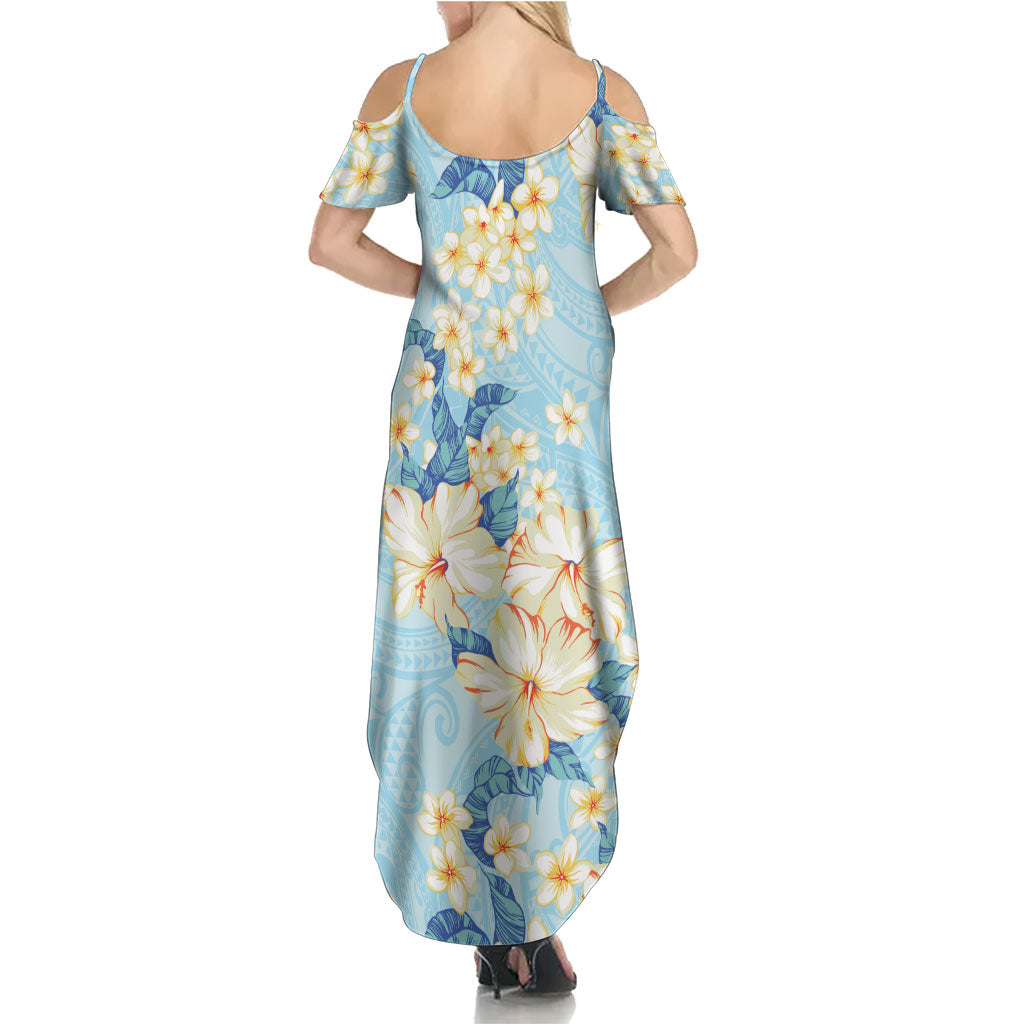 Hawaii Hibiscus Plumeria Blue Family Matching Summer Maxi Dress and Hawaiian Shirt Polynesian Pattern