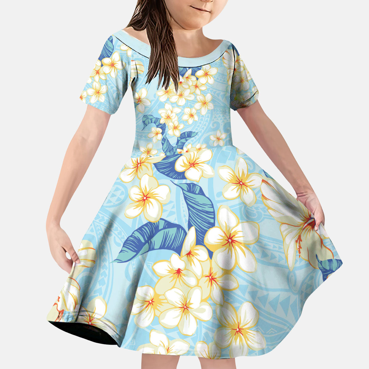 Hawaii Hibiscus Plumeria Blue Kid Short Sleeve Dress Polynesian Pattern