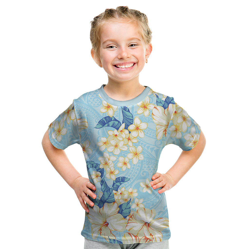 Hawaii Hibiscus Plumeria Blue Kid T Shirt Polynesian Pattern