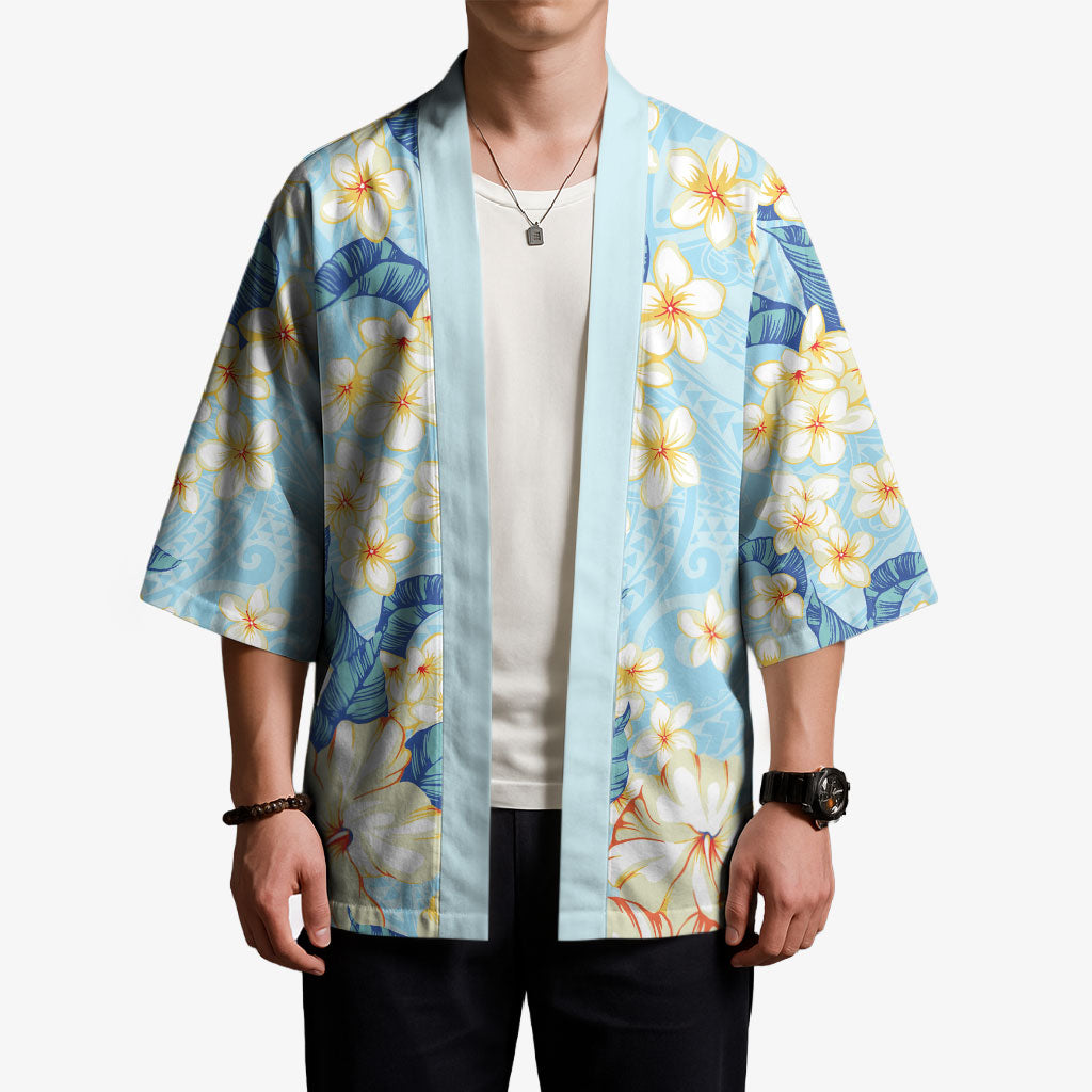 Hawaii Hibiscus Plumeria Blue Kimono Polynesian Pattern