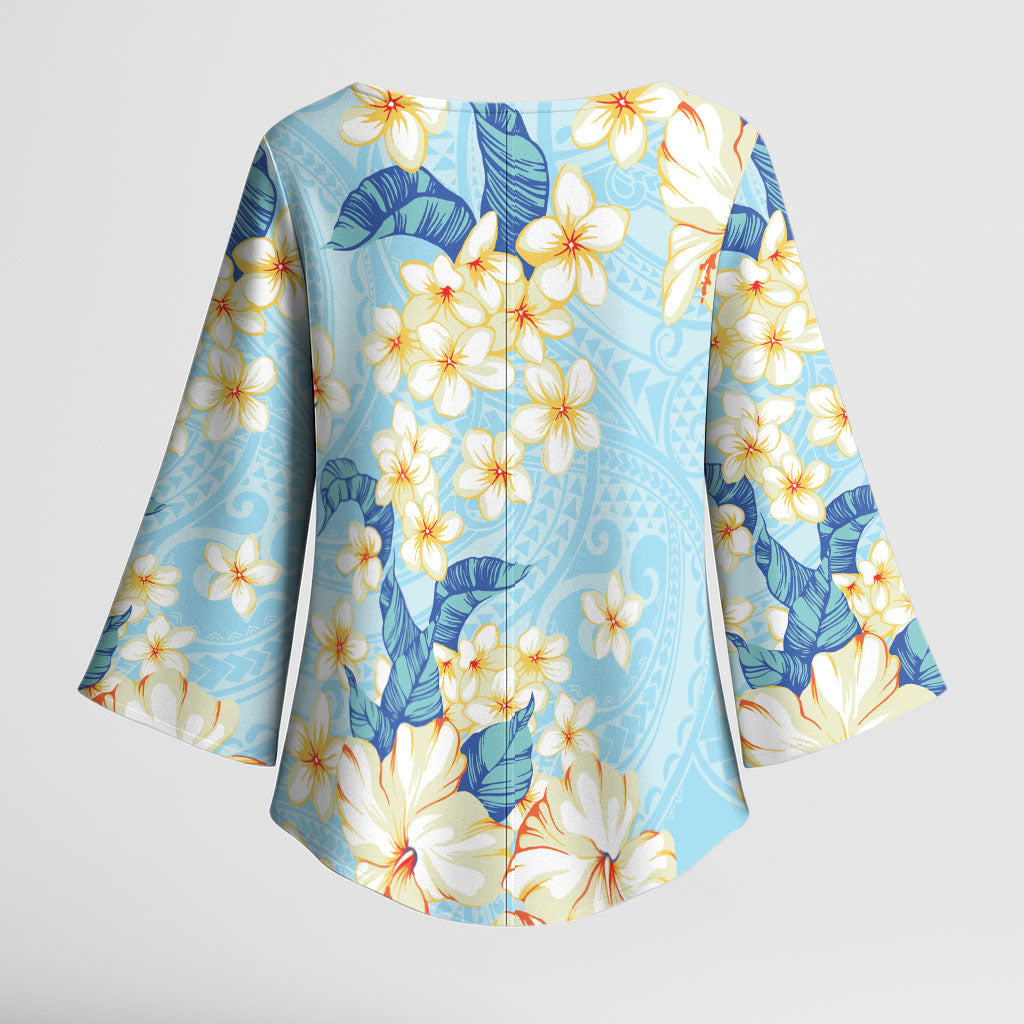 Hawaii Hibiscus Plumeria Blue Kimono Sleeve Blouse Polynesian Pattern