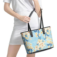 Hawaii Hibiscus Plumeria Blue Leather Tote Bag Polynesian Pattern