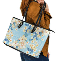 Hawaii Hibiscus Plumeria Blue Leather Tote Bag Polynesian Pattern