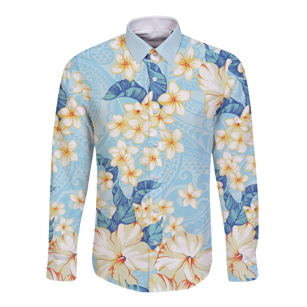 Hawaii Hibiscus Plumeria Blue Long Sleeve Button Shirt Polynesian Pattern