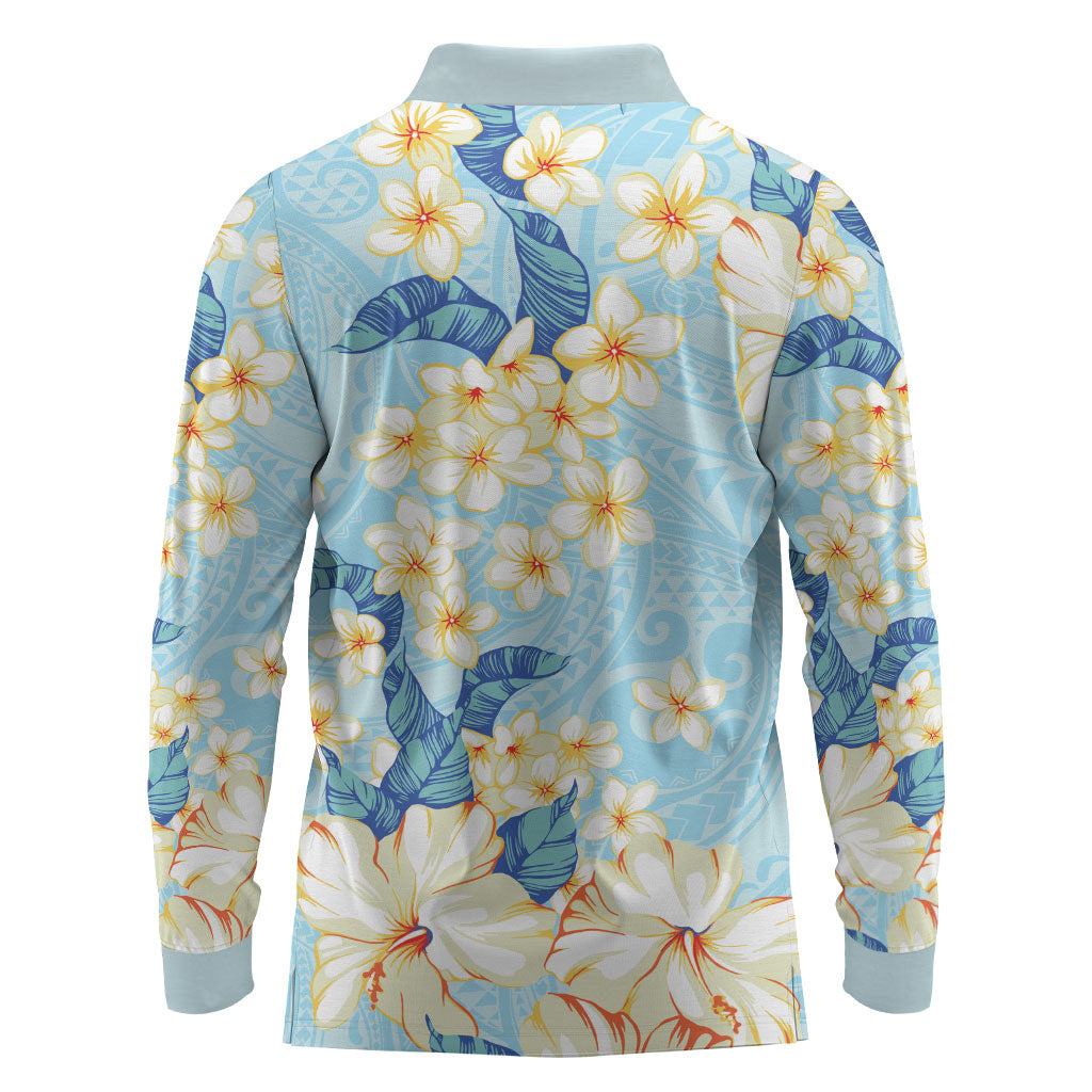 Hawaii Hibiscus Plumeria Blue Long Sleeve Polo Shirt Polynesian Pattern