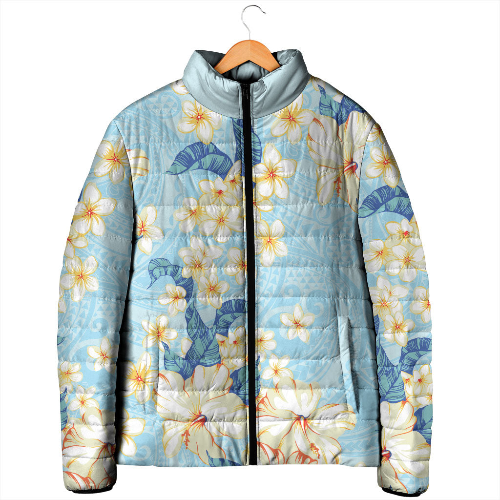 Hawaii Hibiscus Plumeria Blue Padded Jacket Polynesian Pattern