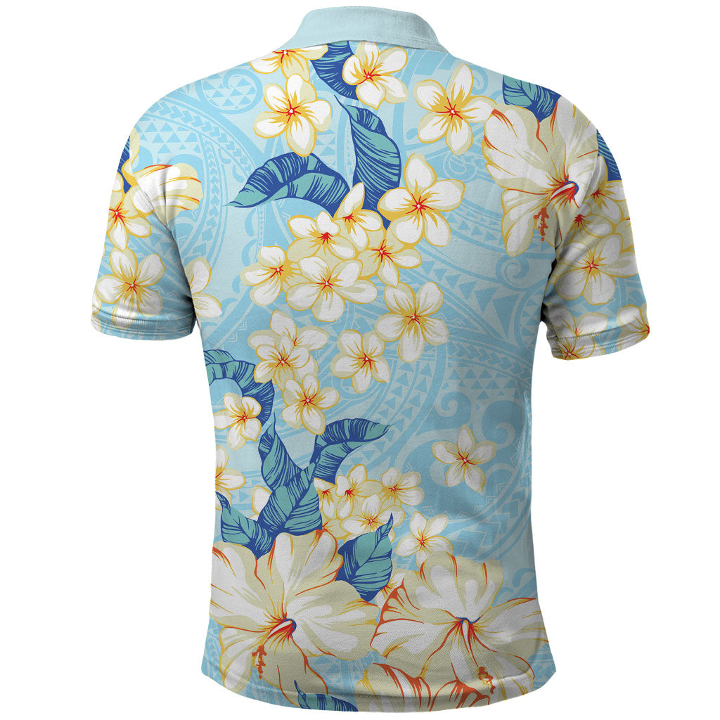 Hawaii Hibiscus Plumeria Blue Polo Shirt Polynesian Pattern