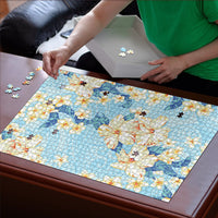Hawaii Hibiscus Plumeria Blue Puzzle Polynesian Pattern