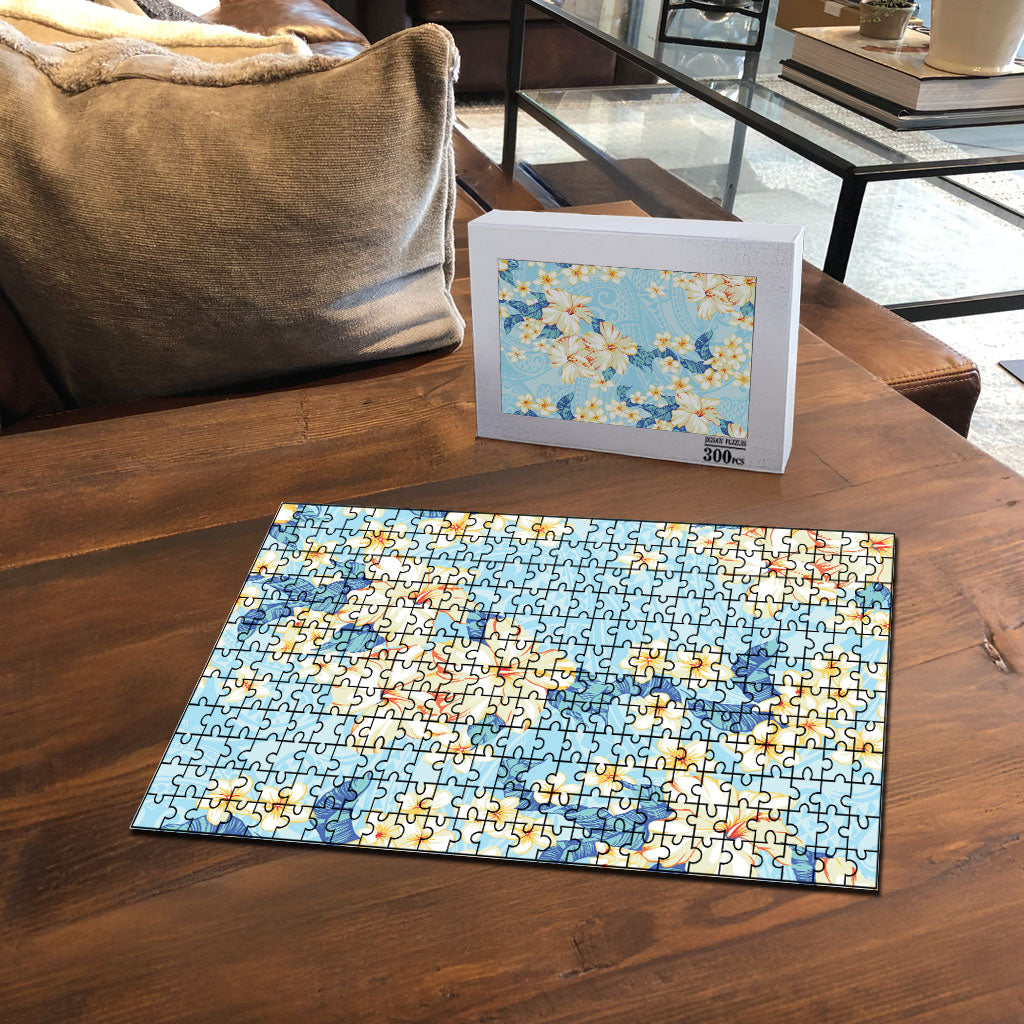 Hawaii Hibiscus Plumeria Blue Puzzle Polynesian Pattern