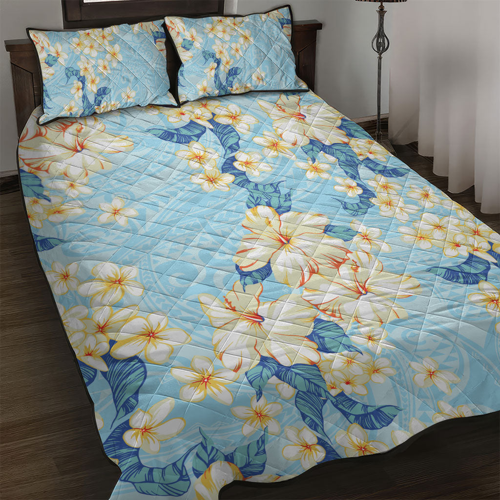 Hawaii Hibiscus Plumeria Blue Quilt Bed Set Polynesian Pattern