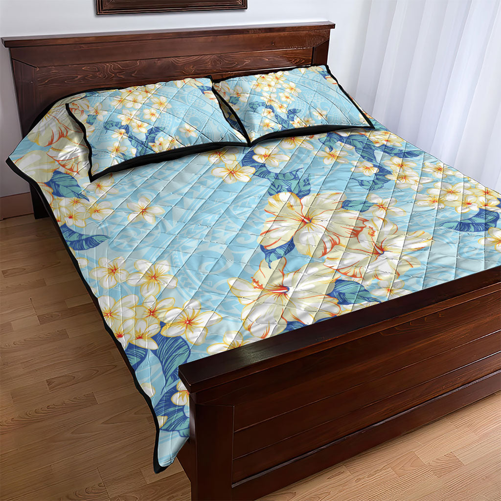 Hawaii Hibiscus Plumeria Blue Quilt Bed Set Polynesian Pattern