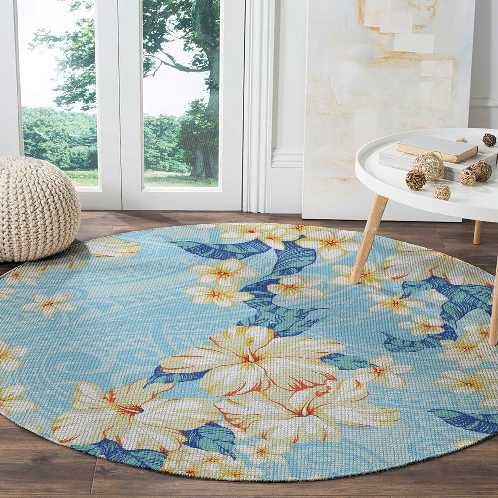 Hawaii Hibiscus Plumeria Blue Round Carpet Polynesian Pattern