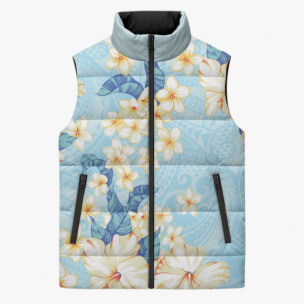 Hawaii Hibiscus Plumeria Blue Sleeveless Puffer Jacket Polynesian Pattern