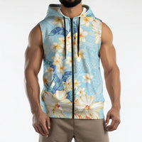 Hawaii Hibiscus Plumeria Blue Sleeveless Zip Hoodie Polynesian Pattern