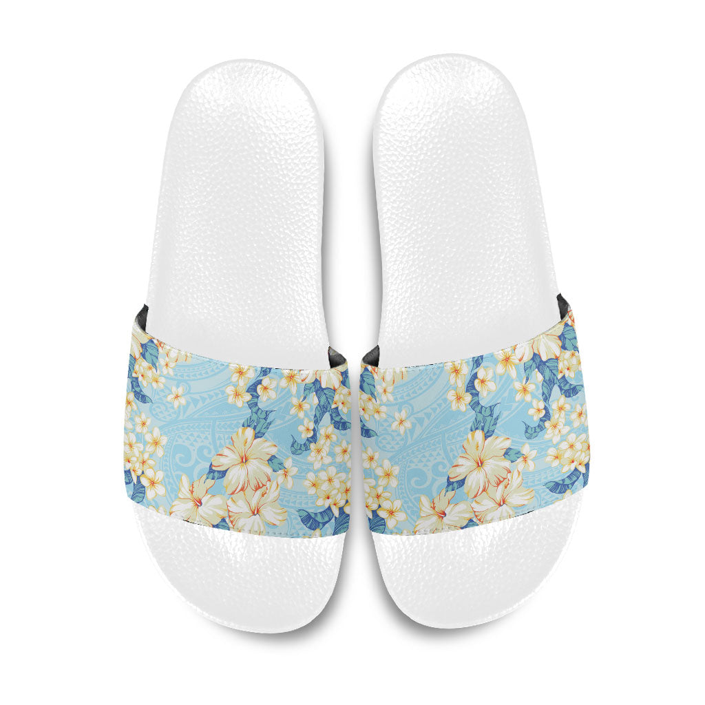 Hawaii Hibiscus Plumeria Blue Slide Sandals Polynesian Pattern