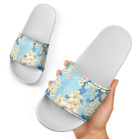Hawaii Hibiscus Plumeria Blue Slide Sandals Polynesian Pattern