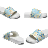 Hawaii Hibiscus Plumeria Blue Slide Sandals Polynesian Pattern