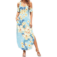 Hawaii Hibiscus Plumeria Blue Summer Maxi Dress Polynesian Pattern