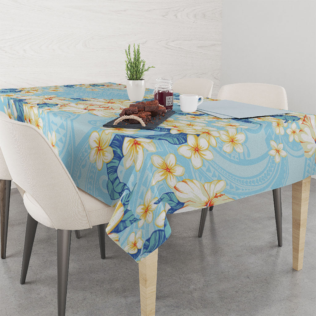 Hawaii Hibiscus Plumeria Blue Tablecloth Polynesian Pattern