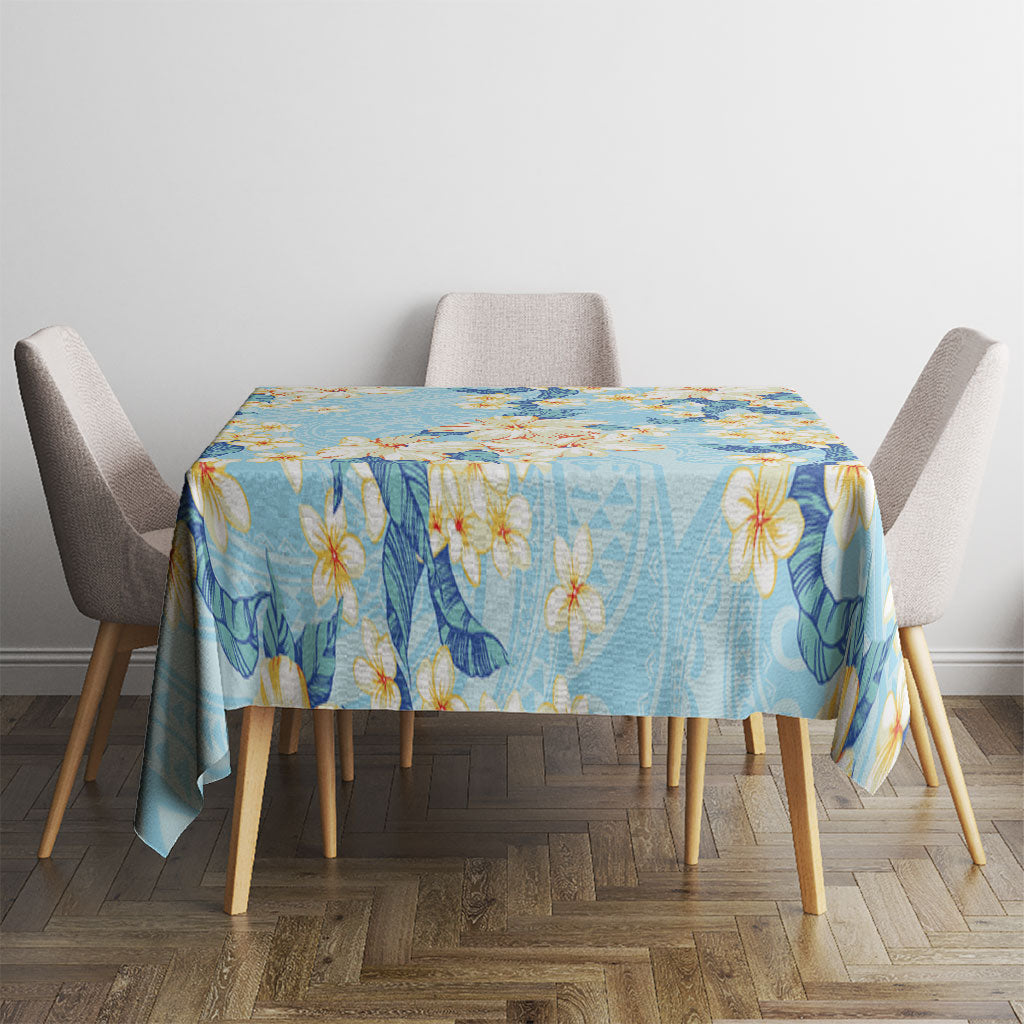 Hawaii Hibiscus Plumeria Blue Tablecloth Polynesian Pattern