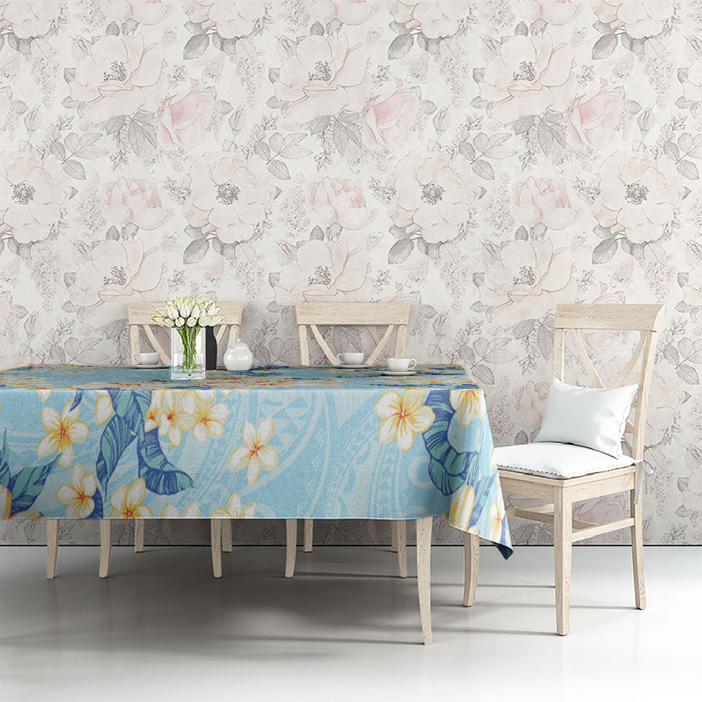 Hawaii Hibiscus Plumeria Blue Tablecloth Polynesian Pattern