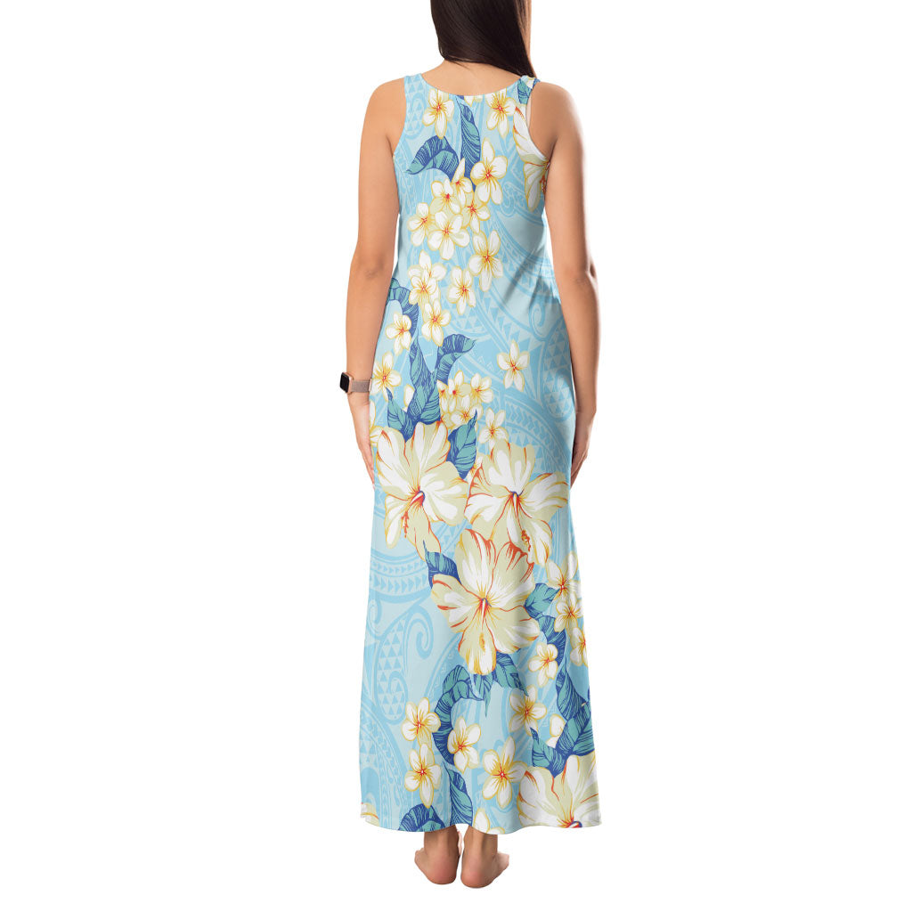 Hawaii Hibiscus Plumeria Blue Tank Maxi Dress Polynesian Pattern