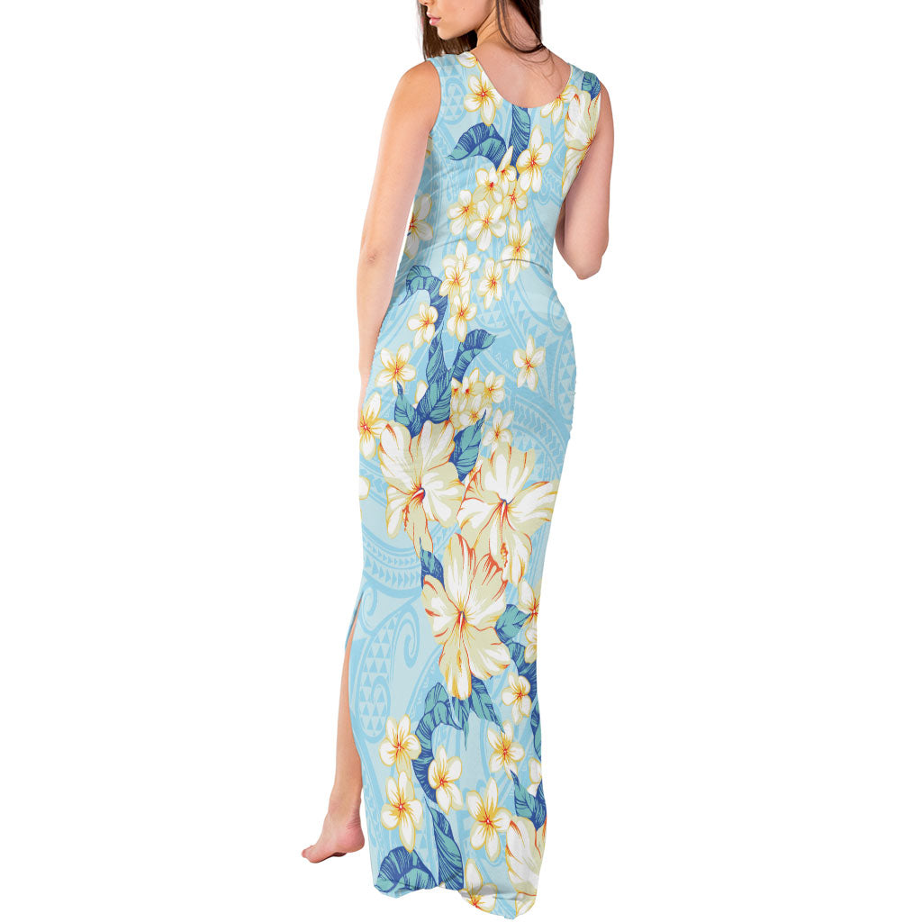 Hawaii Hibiscus Plumeria Blue Tank Maxi Dress Polynesian Pattern