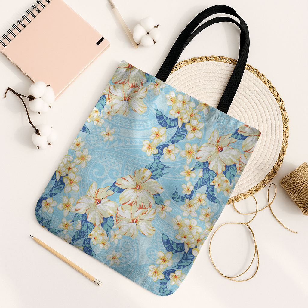 Hawaii Hibiscus Plumeria Blue Tote Bag Polynesian Pattern