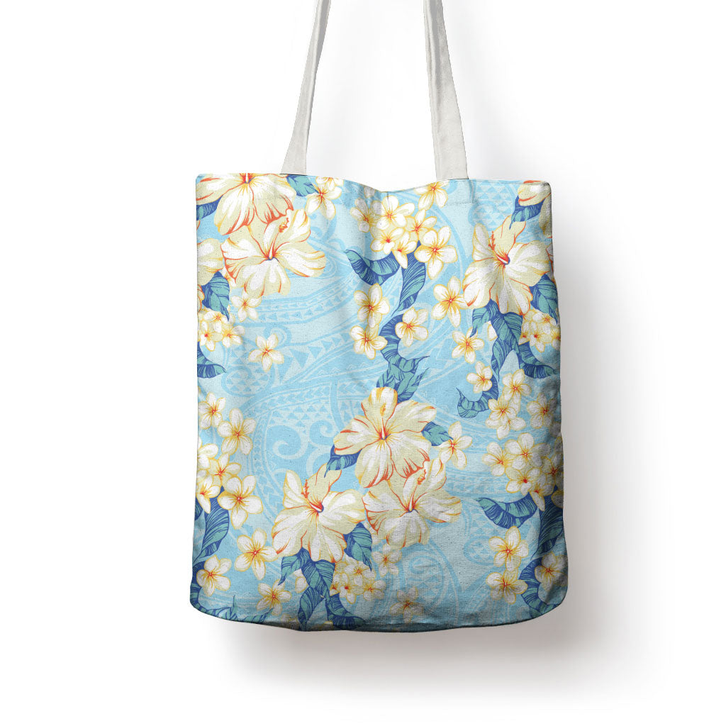 Hawaii Hibiscus Plumeria Blue Tote Bag Polynesian Pattern